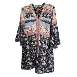 Boho Patchwork Festival Short Dress Blue Pink 3/4 Bell Sleeves True Craft SMALL